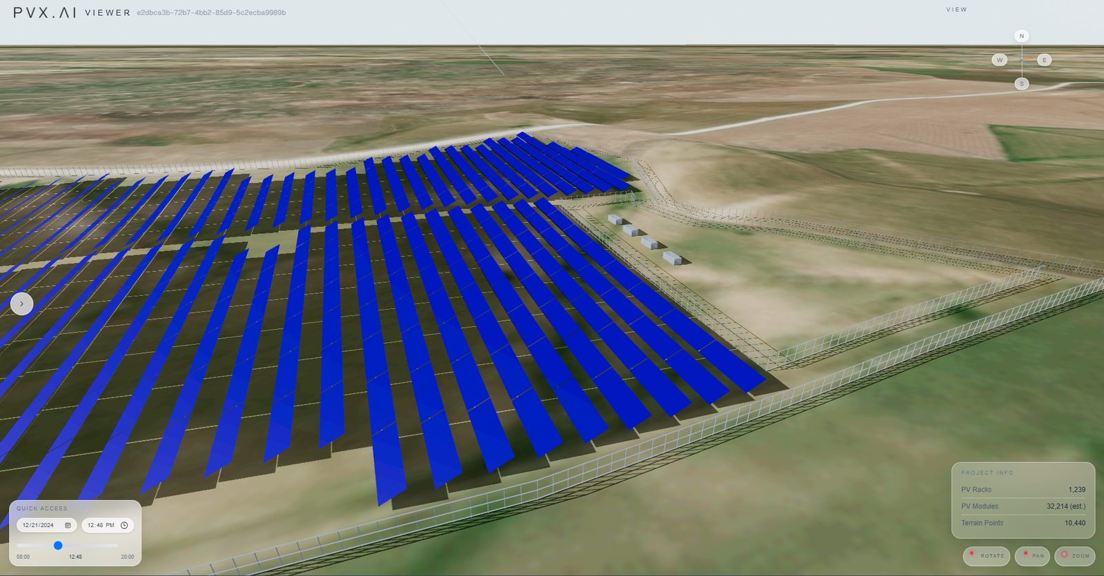 Web viewer with the full site in 3D: BESS containers, PV plant, fence, and shading simulation
