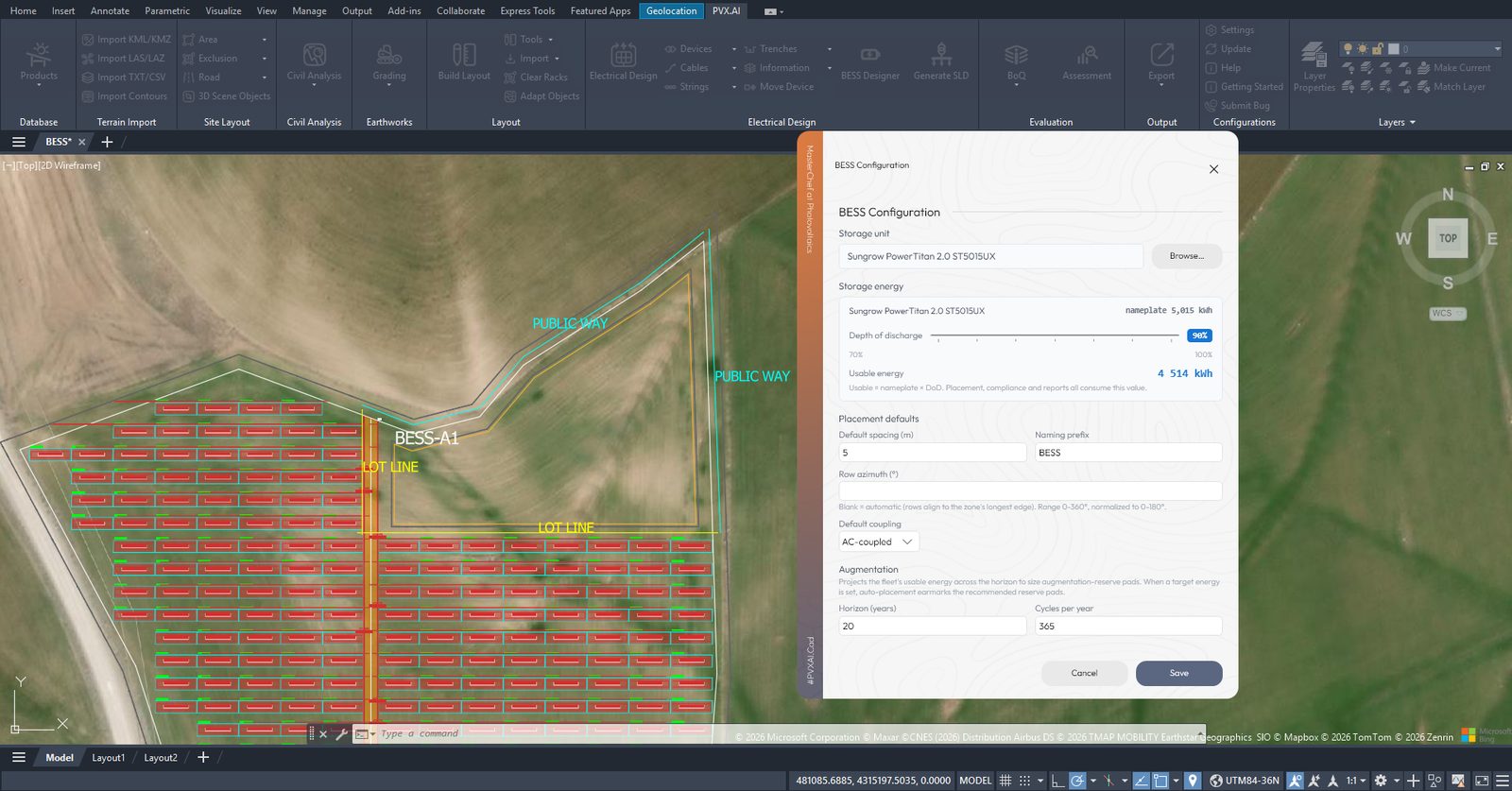 Battery system configuration in PVX.Cad: DoD, usable energy, and augmentation settings