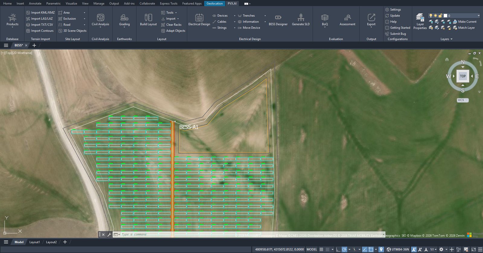 BESS-A1 zone selection in PVX.Cad, top view with the PV layout