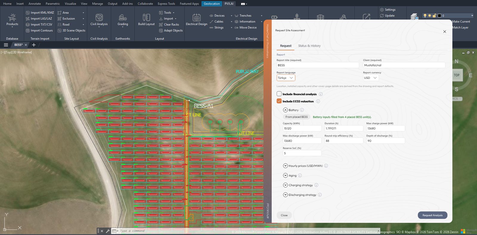 BESS valuation request in PVX.Cad with inputs auto-filled from the placed units