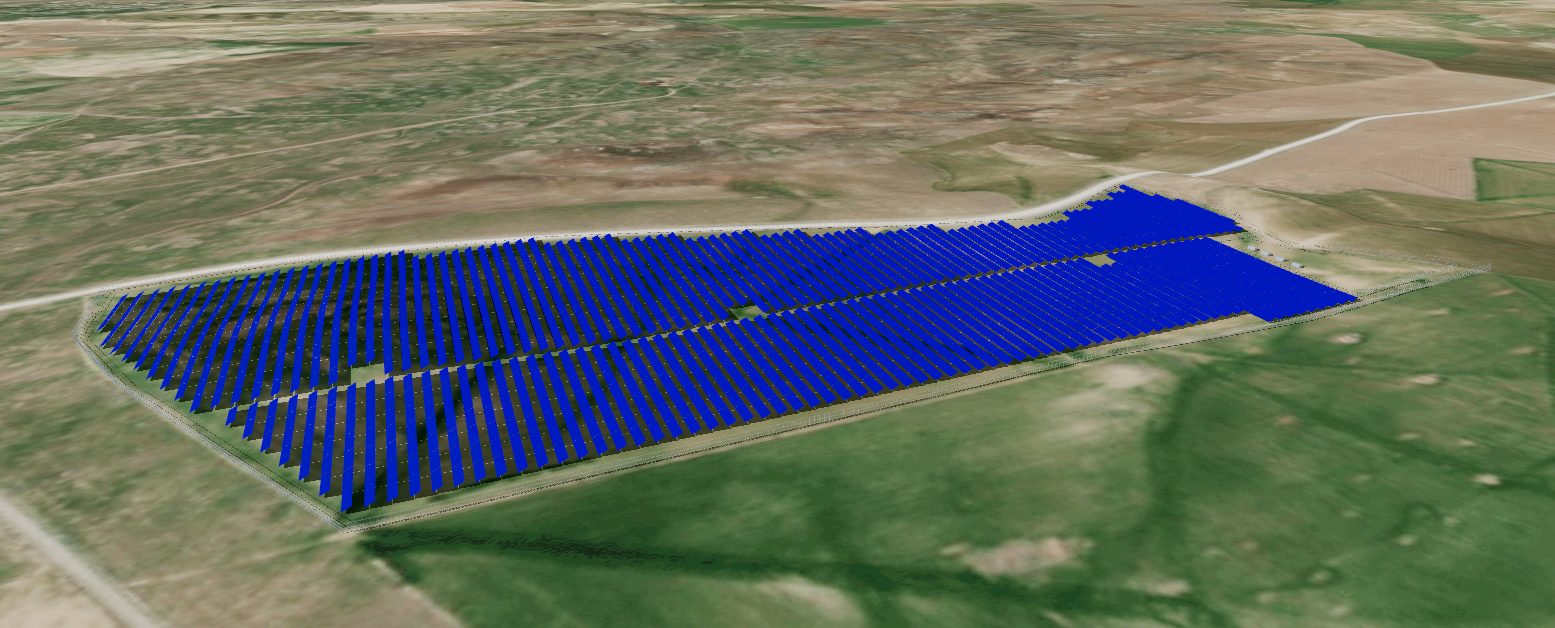 Completed BESS design in the site 3D model: four PowerTitan containers, perimeter fence, and the PV plant on real terrain