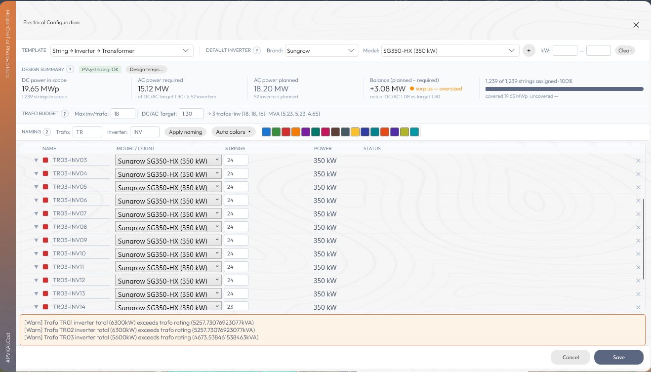 Electrical configuration panel in PVX.Cad: inverter and transformer allocation with loading warnings