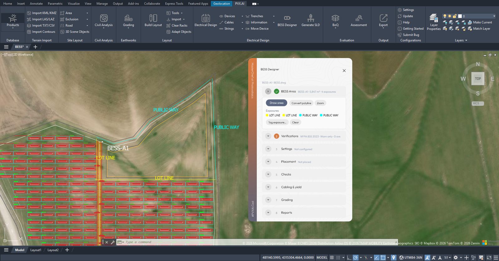 Exposure tagging in PVX.Cad: two lot lines and two public ways around the BESS area