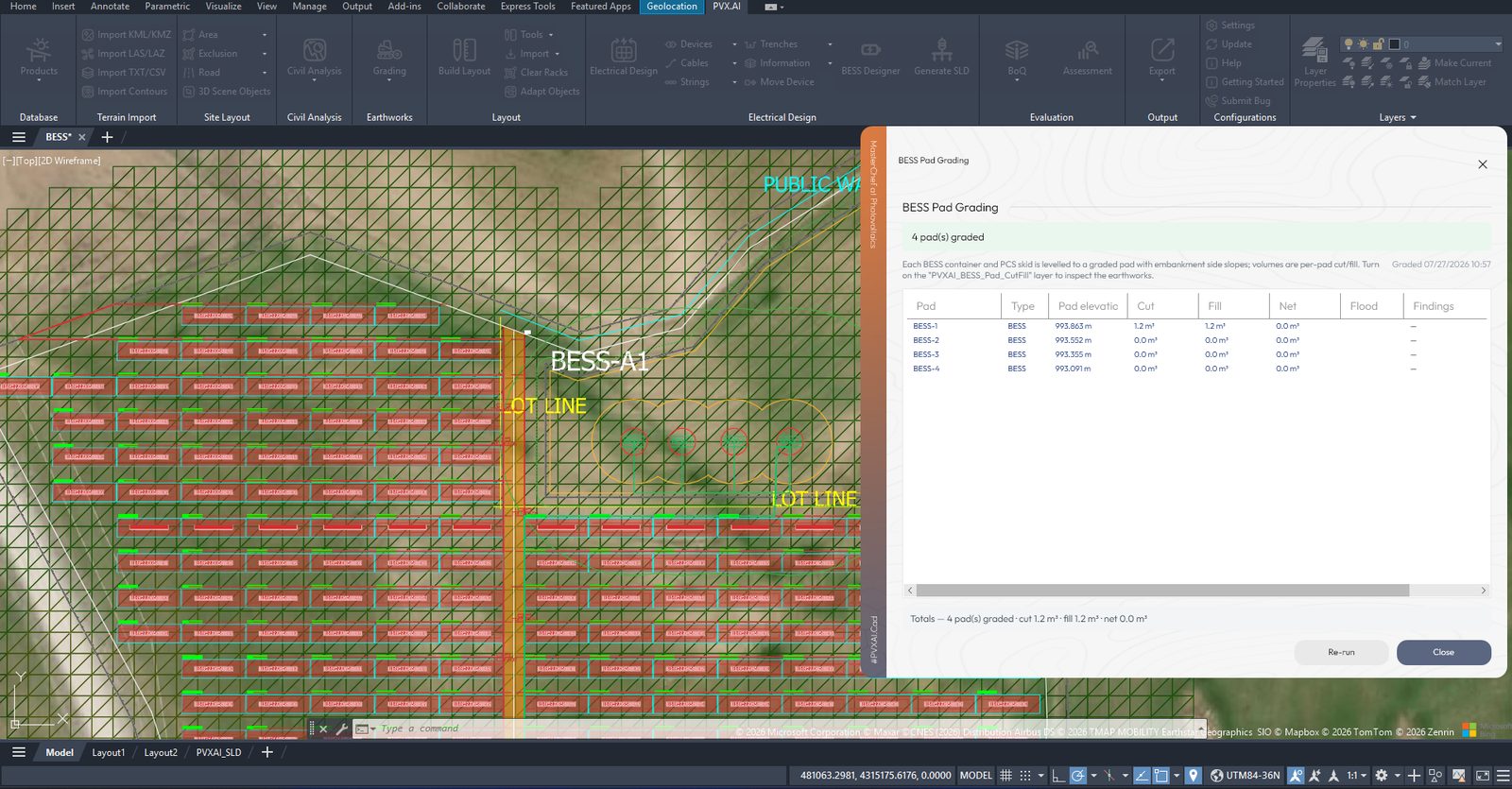 BESS pad grading in PVX.Cad with per-pad cut and fill table