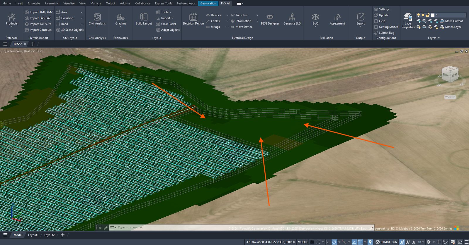 BESS perimeter fence verified on 3D terrain in PVX.Cad