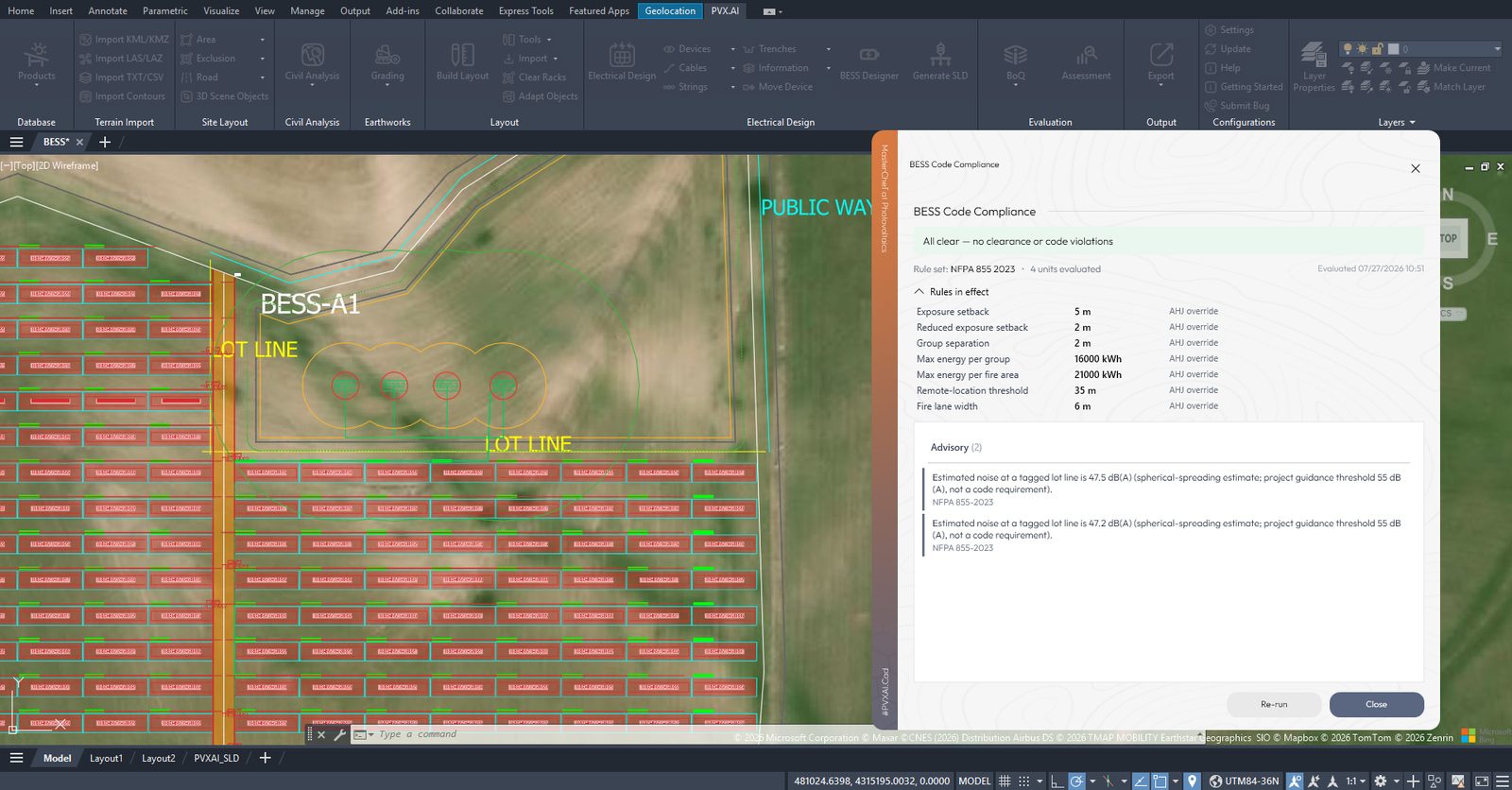 Code compliance report in PVX.Cad: all clear result with effective rules and advisory noise findings