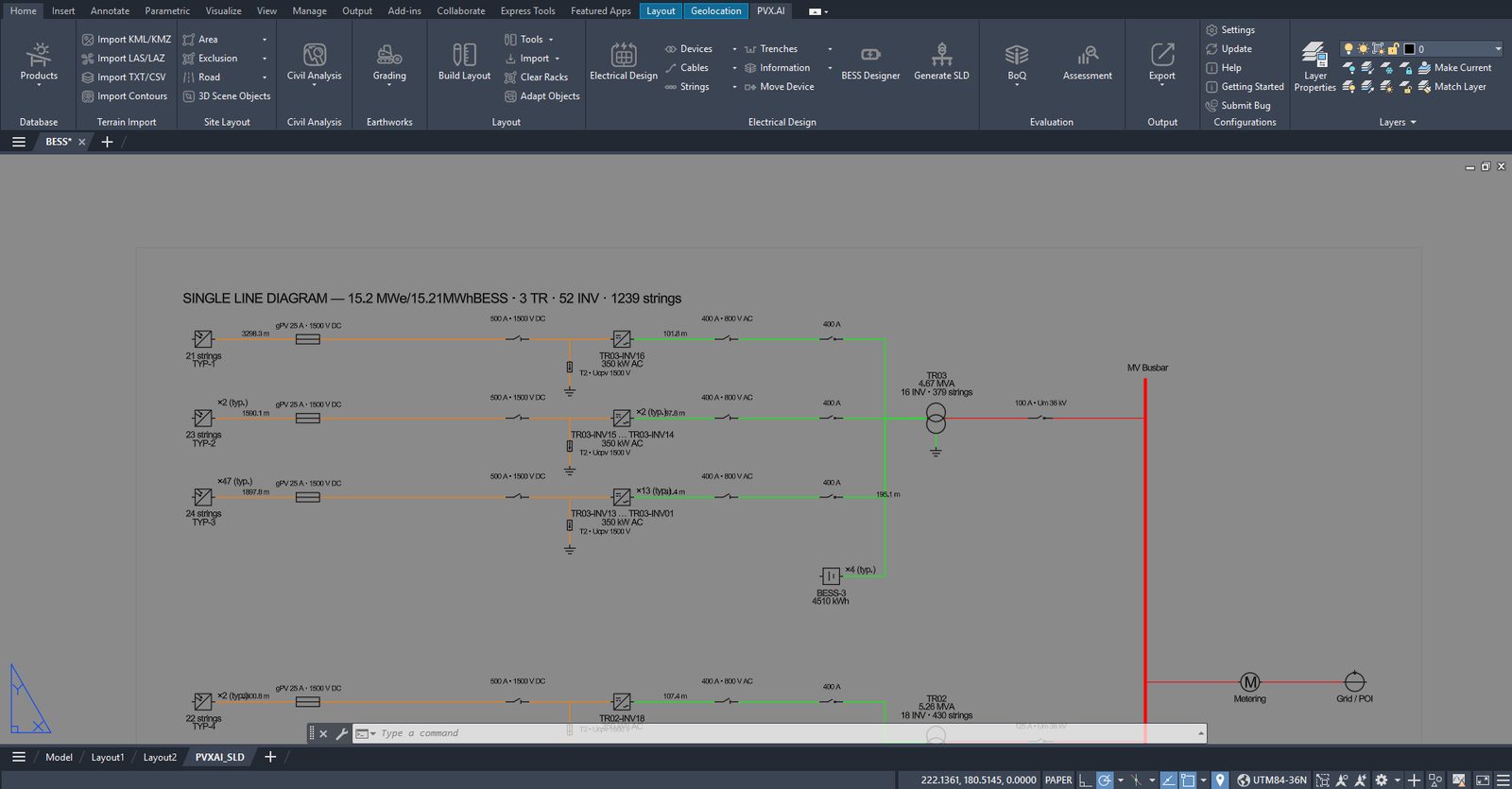 Auto-generated single line diagram: 3 transformers, 52 inverters, 1,239 strings, and 4 BESS blocks on the MV busbar