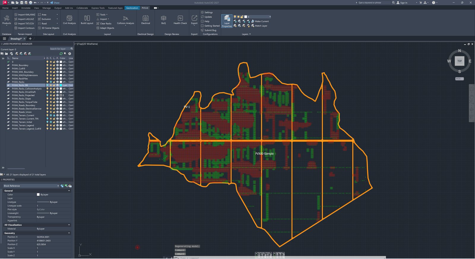Cut and fill map after the collision fix: cut in red and fill in green confined to rack rows across the PV area, natural terrain between rows untouched