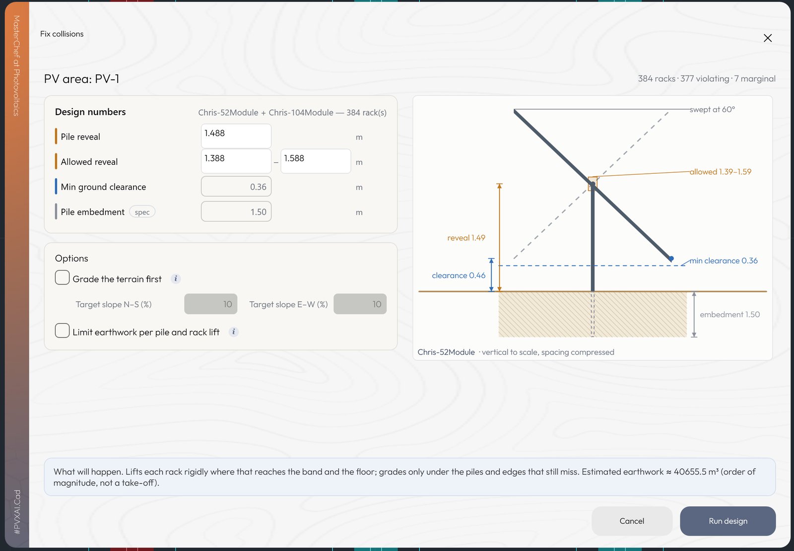 Fix collisions pane in PVX.Cad showing the design reveal, allowed band, clearance floor, embedment, grading options, and the pre-run earthwork estimate