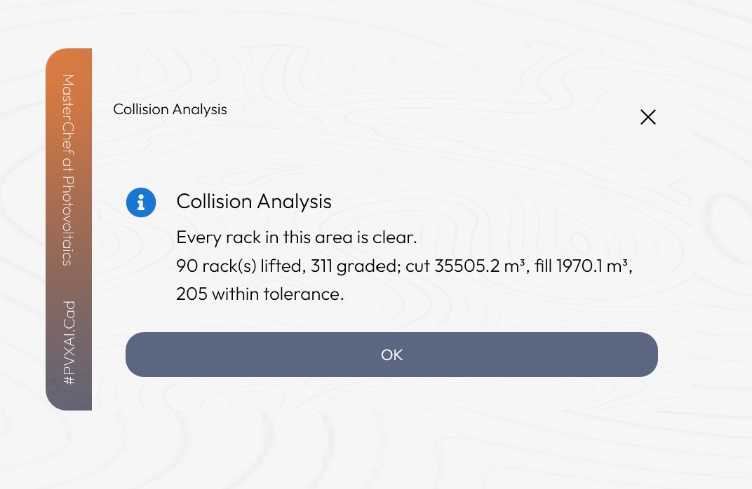 Collision Analysis result dialog: Every rack in this area is clear. 90 racks lifted, 311 graded; cut 35,505.2 m³, fill 1,970.1 m³, 205 within tolerance