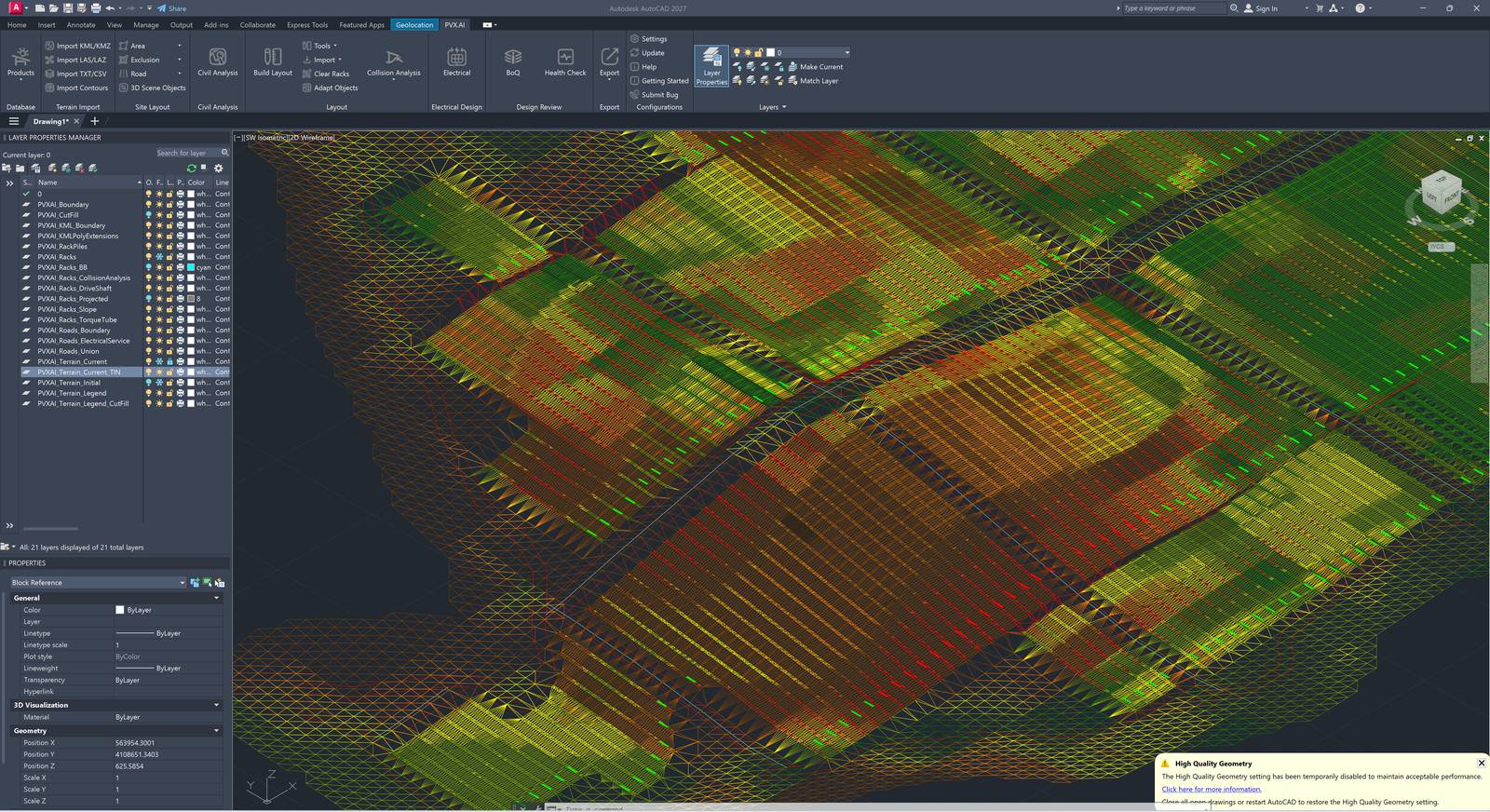 3D wireframe of the graded terrain TIN after the collision fix with tracker rows sitting on the corrected surface