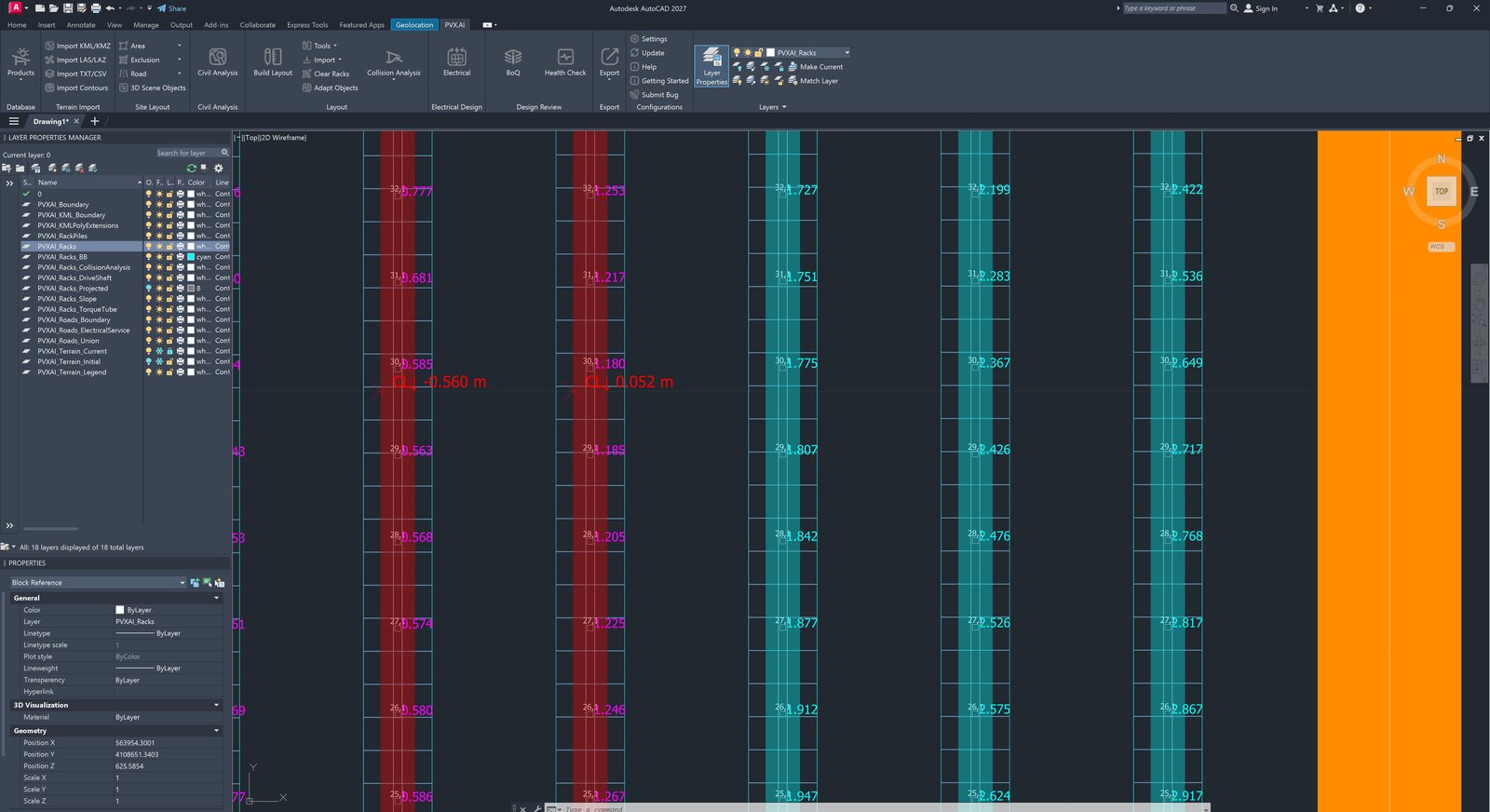 Zoomed view of the overlay: two violating rows in red with per-pile reveal labels and a clearance label reading CL -0.560 m beside compliant rows in teal