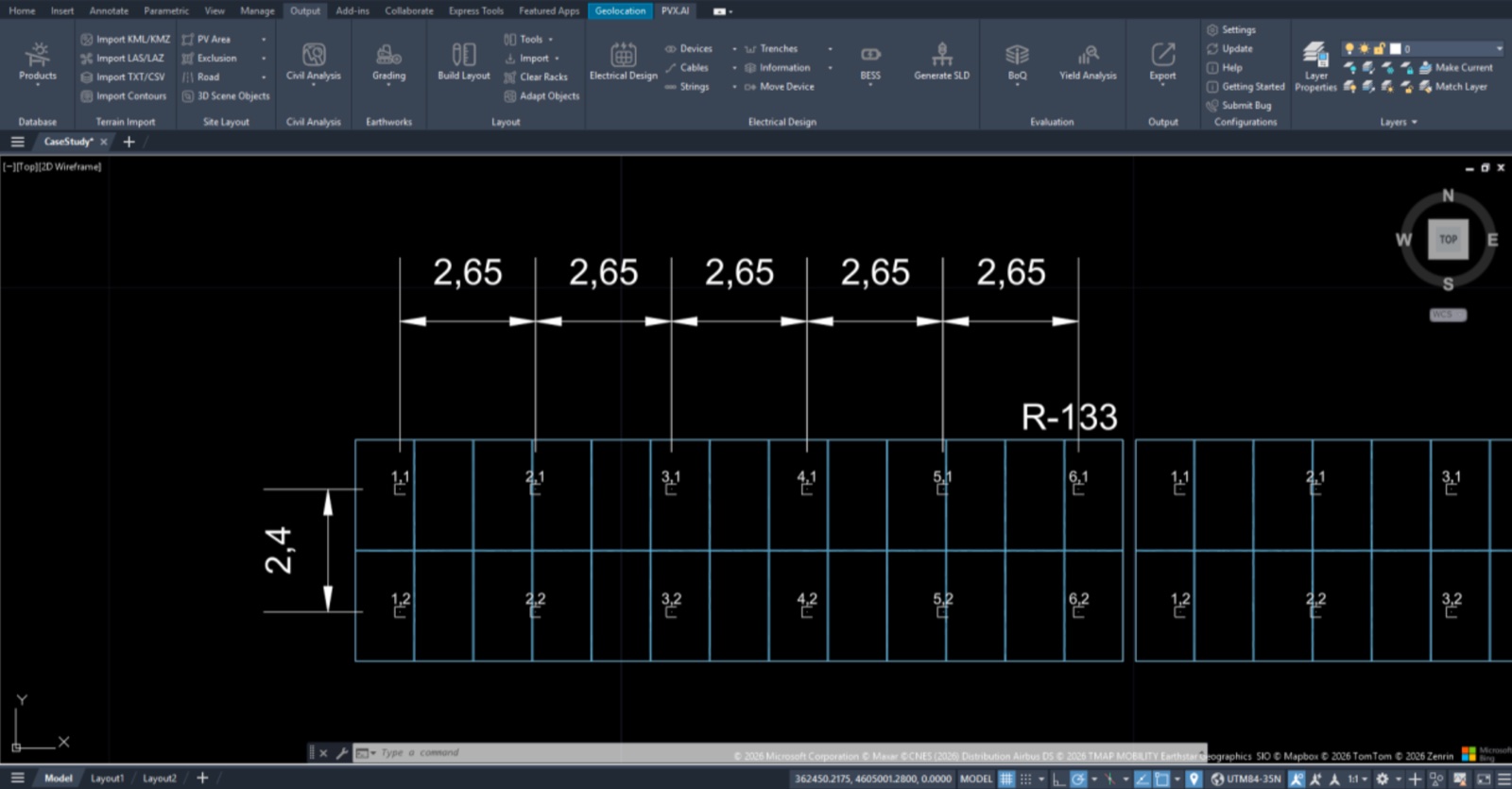 Nominal 2D plan view in PVX.Cad with equal 2.65 m pile spacing across all bays