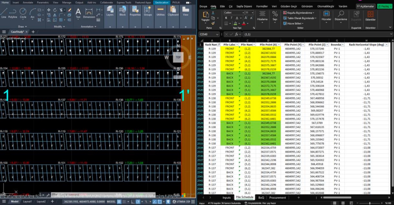 Exported pile schedule with X, Y, Z coordinates per pile, cross-checked against the drawing in PVX.Cad