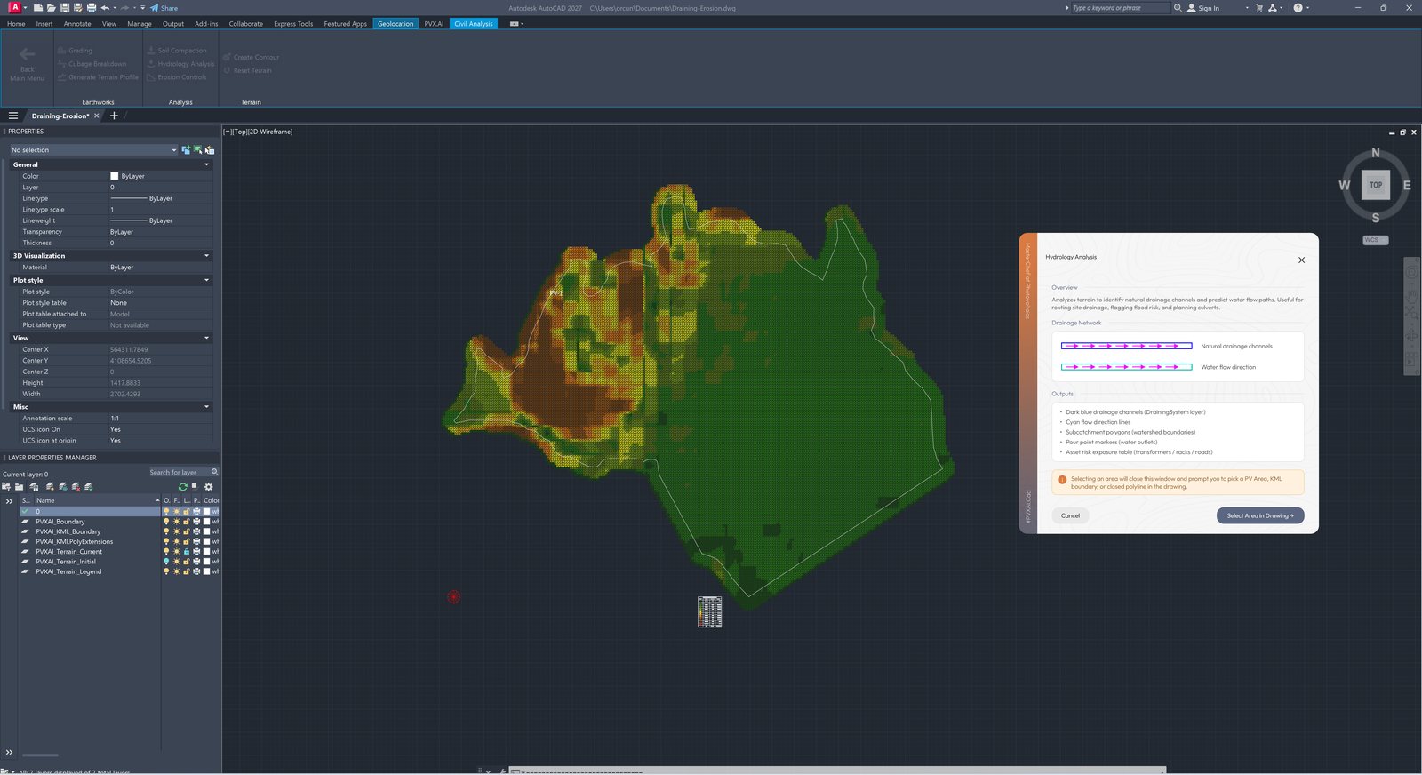 Hydrology Analysis dialog in PVX.Cad over the site terrain: overview, drainage network legend, the list of outputs, and the Select Area in Drawing button