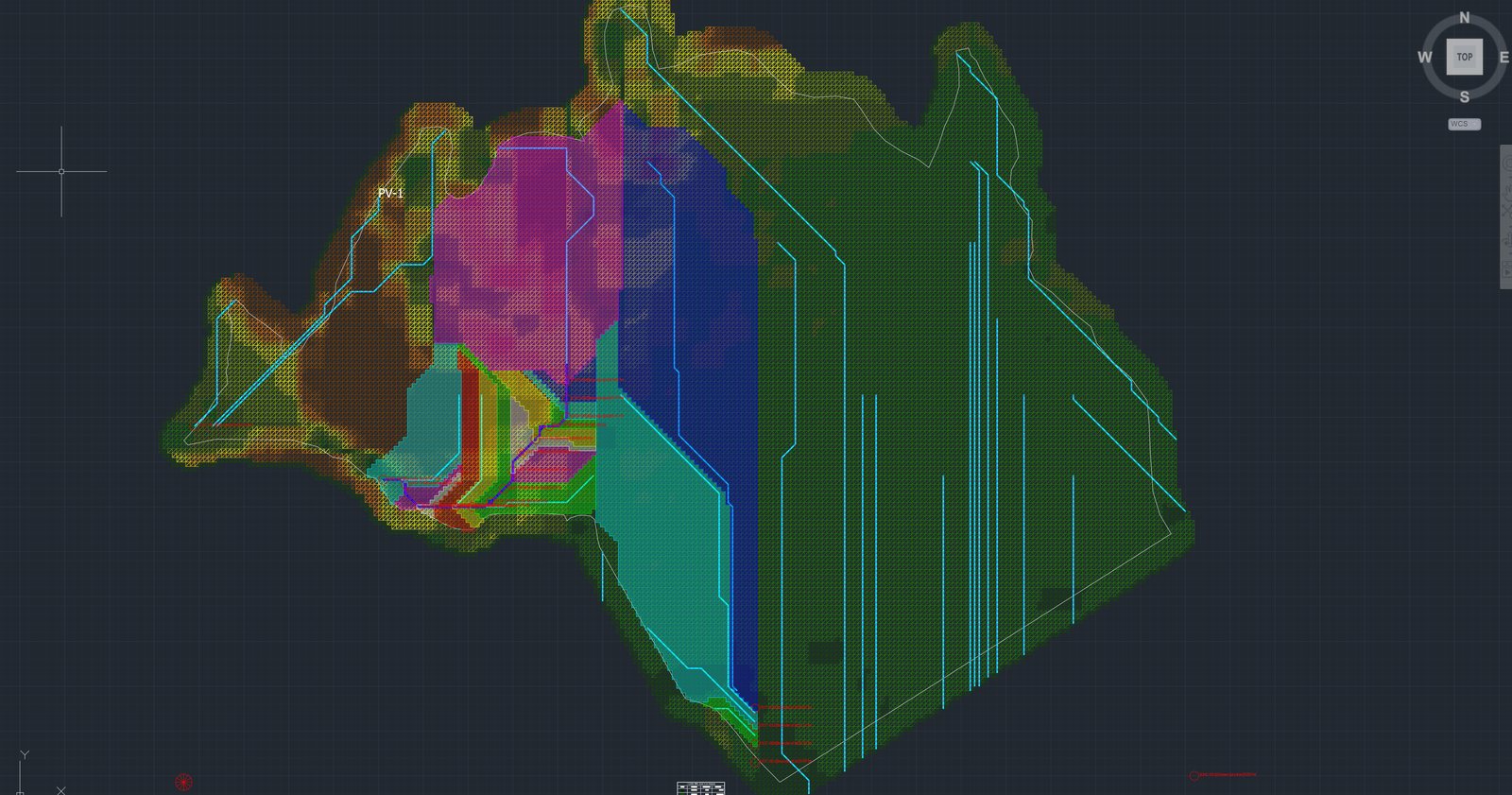 Plan view of the site after Hydrology Analysis: cyan and dark blue drainage channels across the terrain with subcatchments drawn as coloured hatches