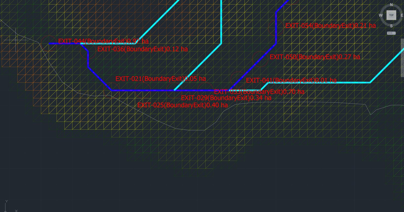 Close-up of pour points on the site boundary: red labels reading EXIT-044 (BoundaryExit) 0.97 ha, EXIT-033 0.70 ha, EXIT-025 0.40 ha and others along the dark blue and cyan channels