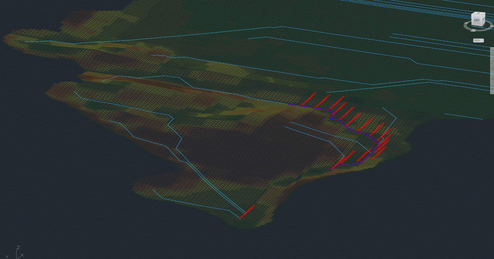 3D view of the site terrain with drainage channels draped over it and the red avoid zones showing along the channel corridors