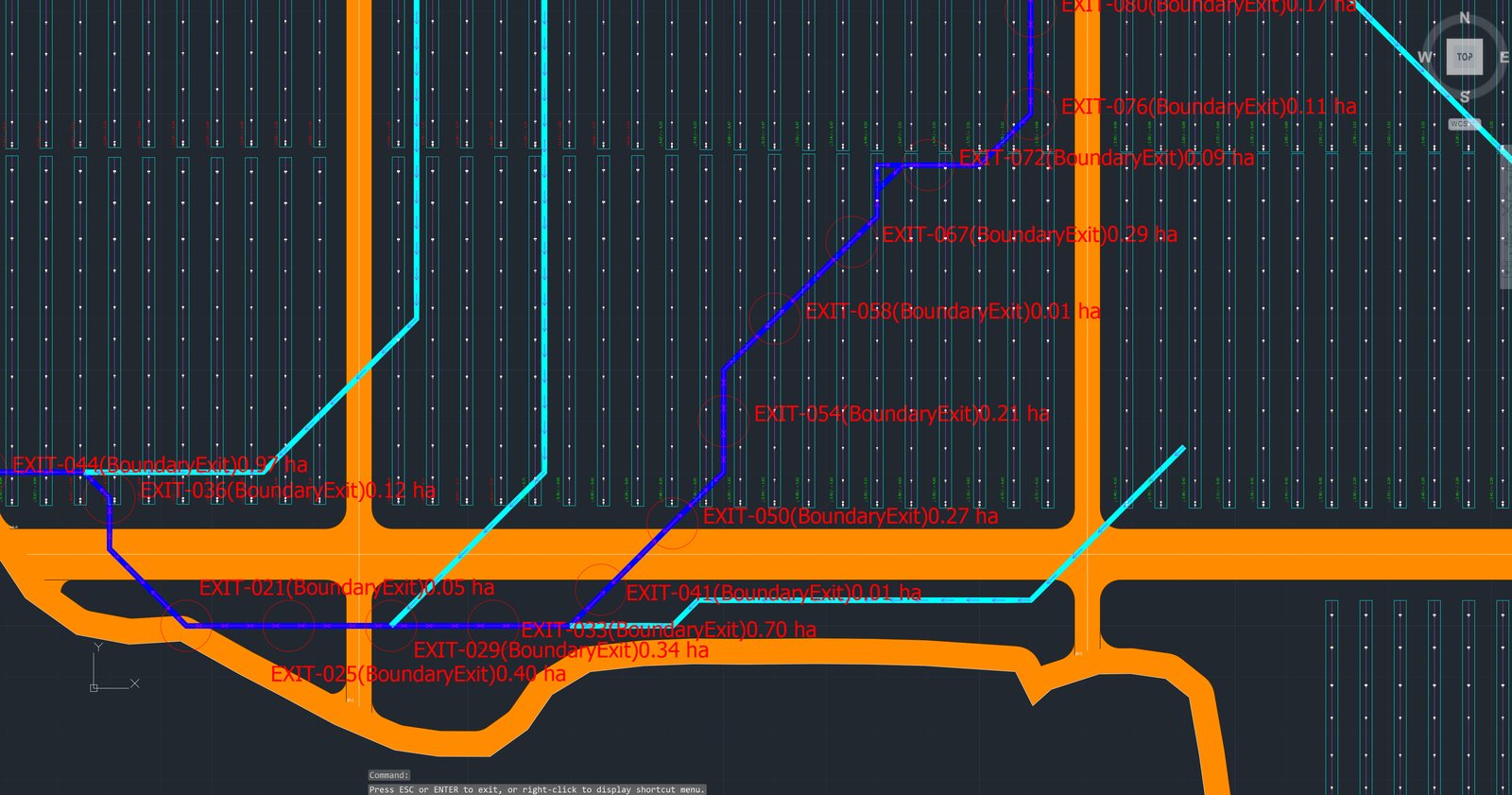 Zoomed plan view: cyan and dark blue drainage channels running under terrain-following tracker rows and along orange roads, with pour point labels on the boundary