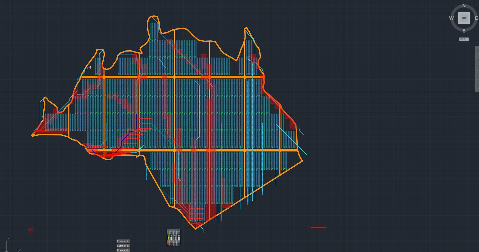 Plan view of the 27.67 MWp layout in AutoCAD after the hydrology run: tracker rows, orange roads, cyan drainage channels and red avoid zones for transformer placement along the channels