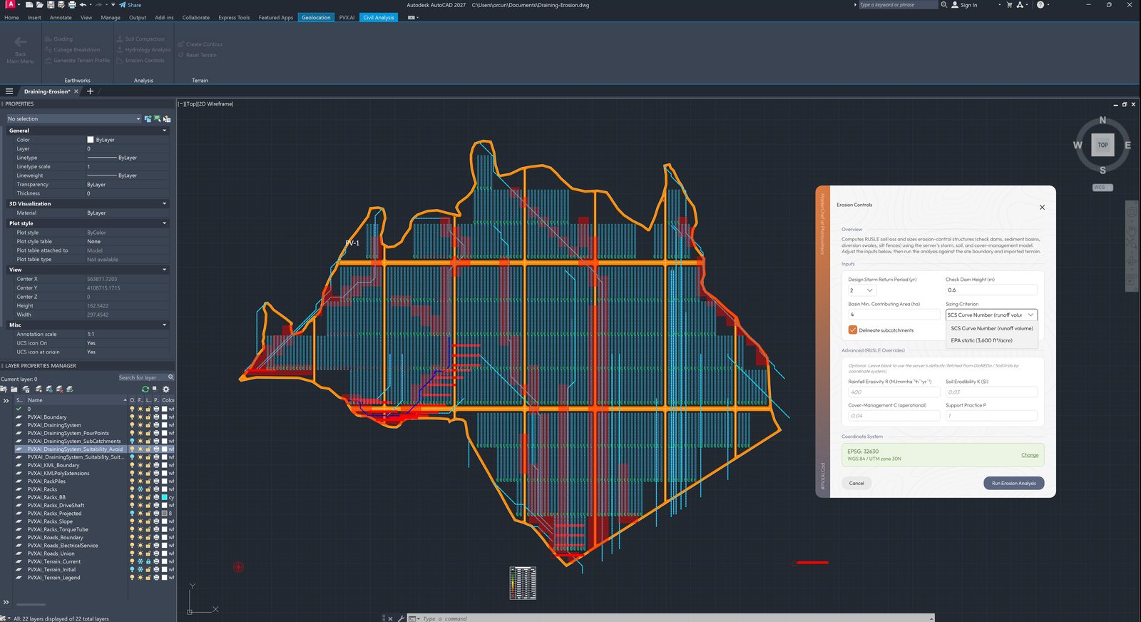 Erosion Controls dialog in PVX.Cad: design storm return period 2 years, check dam height 0.6 m, basin minimum contributing area 4 ha, sizing criterion SCS Curve Number, delineate subcatchments ticked, RUSLE overrides blank, coordinate system EPSG 32630