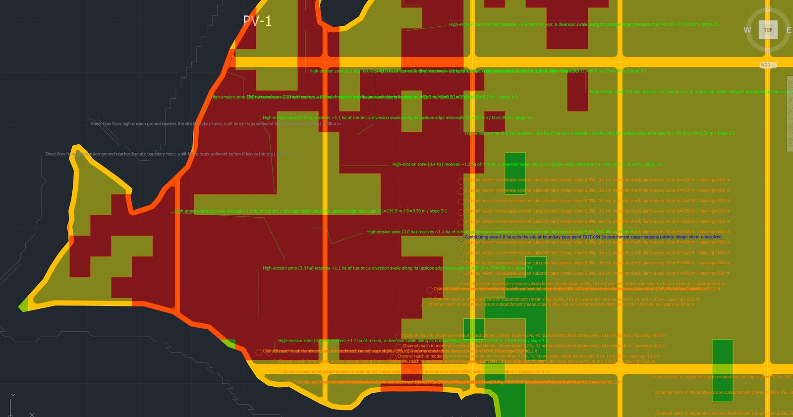 Zoomed soil-loss map over the steep western part of the PV area: red high-erosion ground, olive moderate, green low, with orange roads and structure labels in green and orange text
