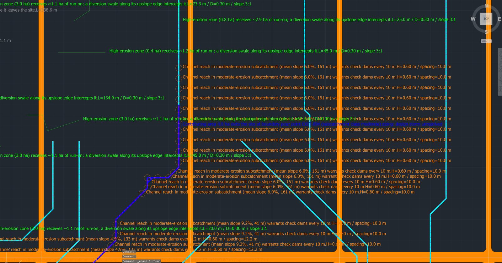 Zoomed view of the erosion result between tracker rows: check dam markers along a channel with their labels, diversion swale and silt fence labels, orange roads and cyan channels