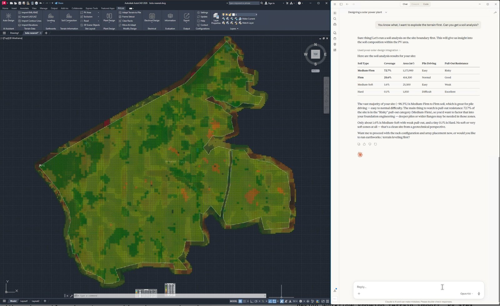 PVX.Cad and Claude Desktop after a soil analysis run: the PV area outlined on the terrain, and a soil table in the chat