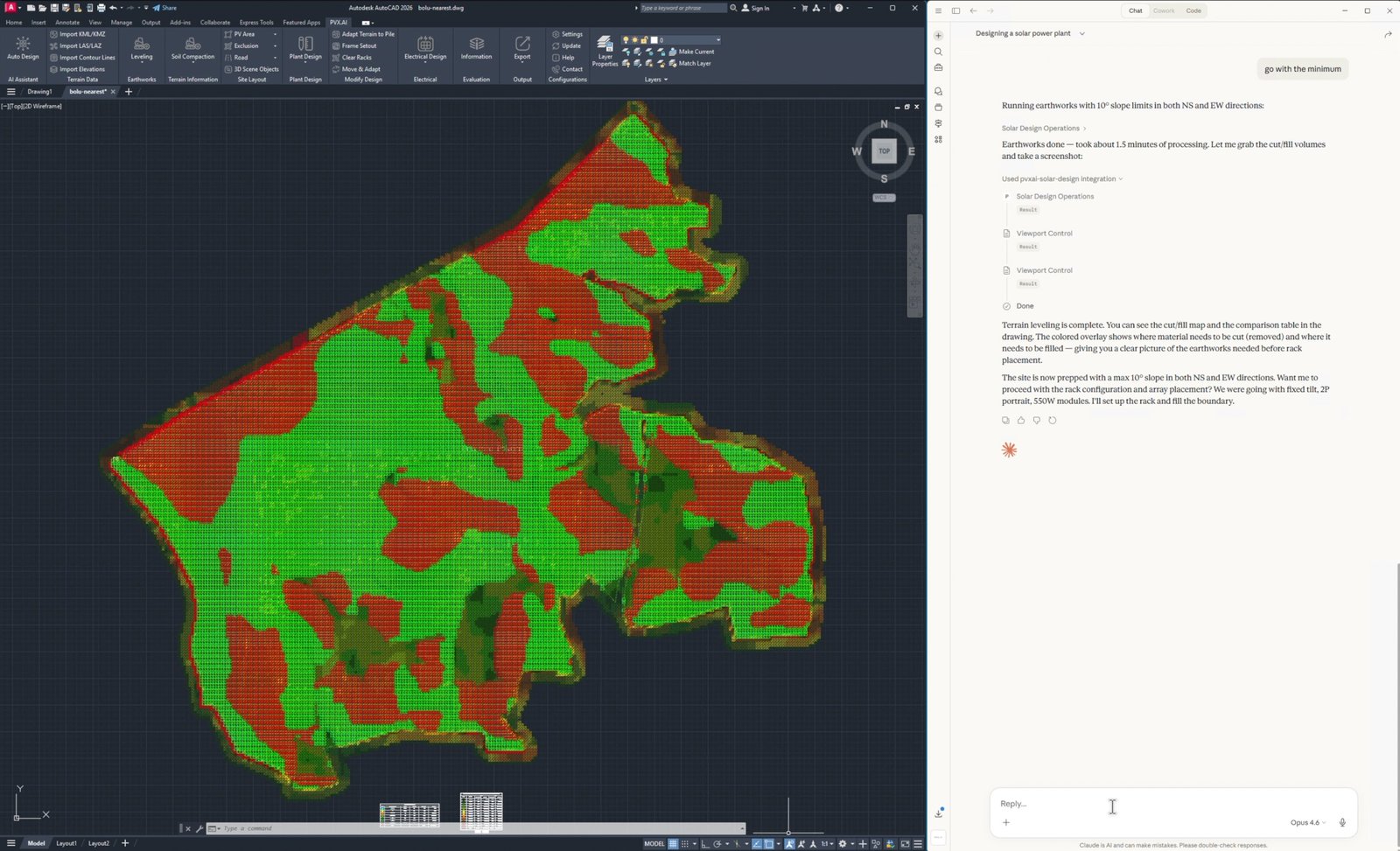 Cut and fill map in AutoCAD after the earthworks run, cut in red and fill in green across the PV area, with the assistant's report in the chat