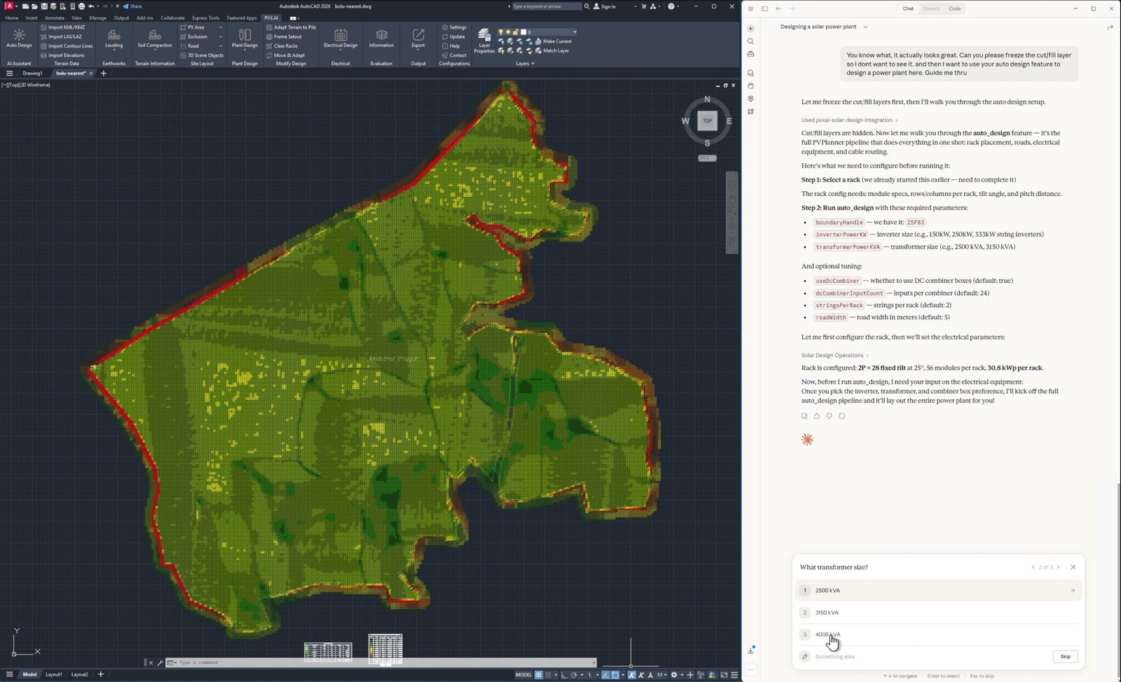 PVX.Cad with the cut and fill layers frozen and the transformer size question open in Claude Desktop: 2500, 3150, or 4000 kVA