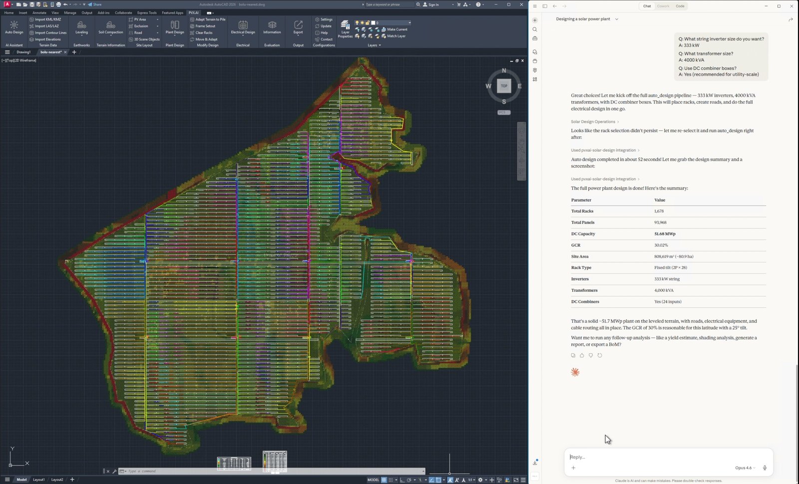 The PVX.Cad design summary after an AI-driven auto design run: 1,678 racks, 93,968 panels, 51.68 MWp DC, with the finished layout drawn in AutoCAD beside the chat