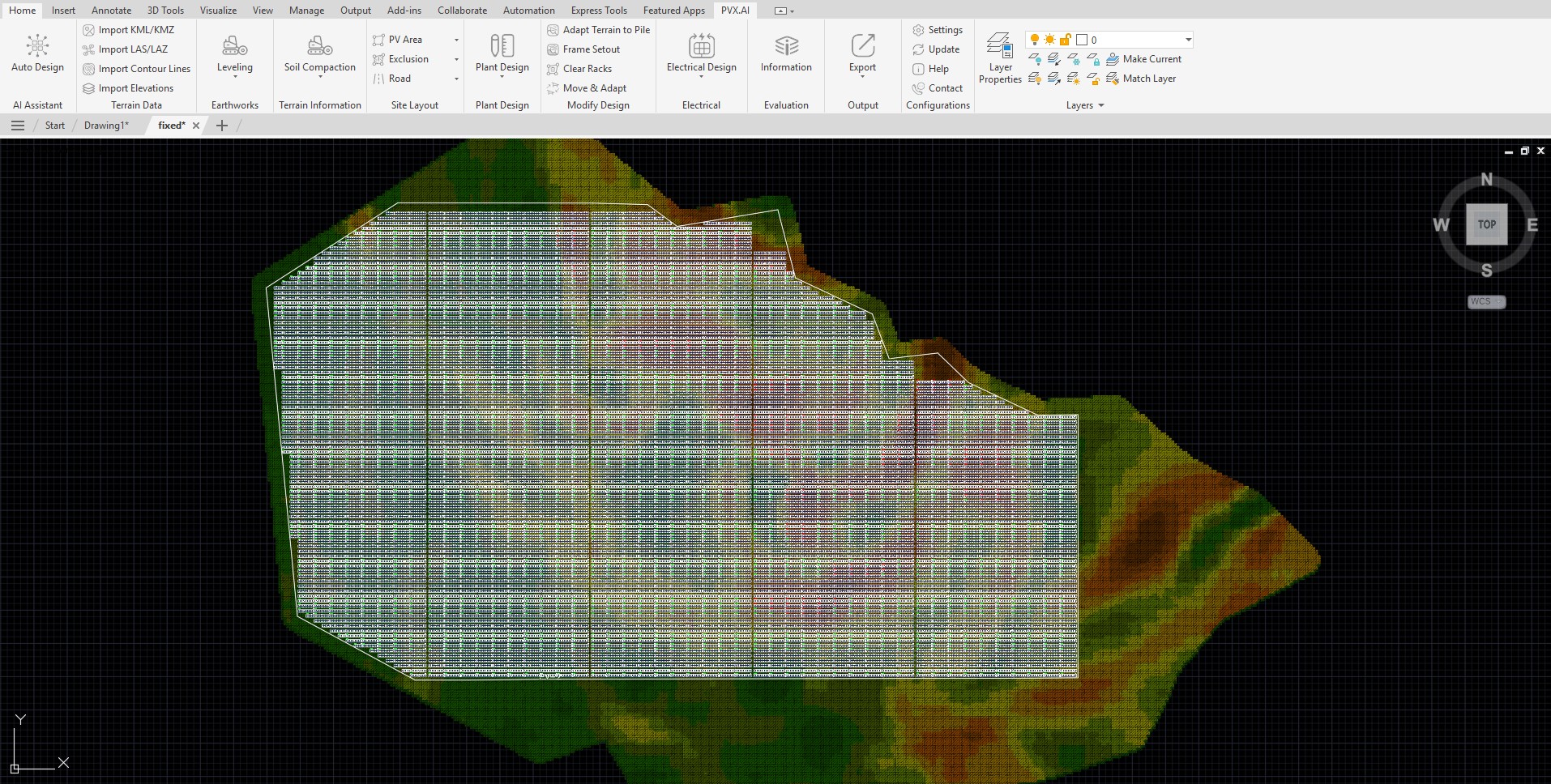 Fixed-tilt layout of the 125.2 MWp plant in PVX.Cad