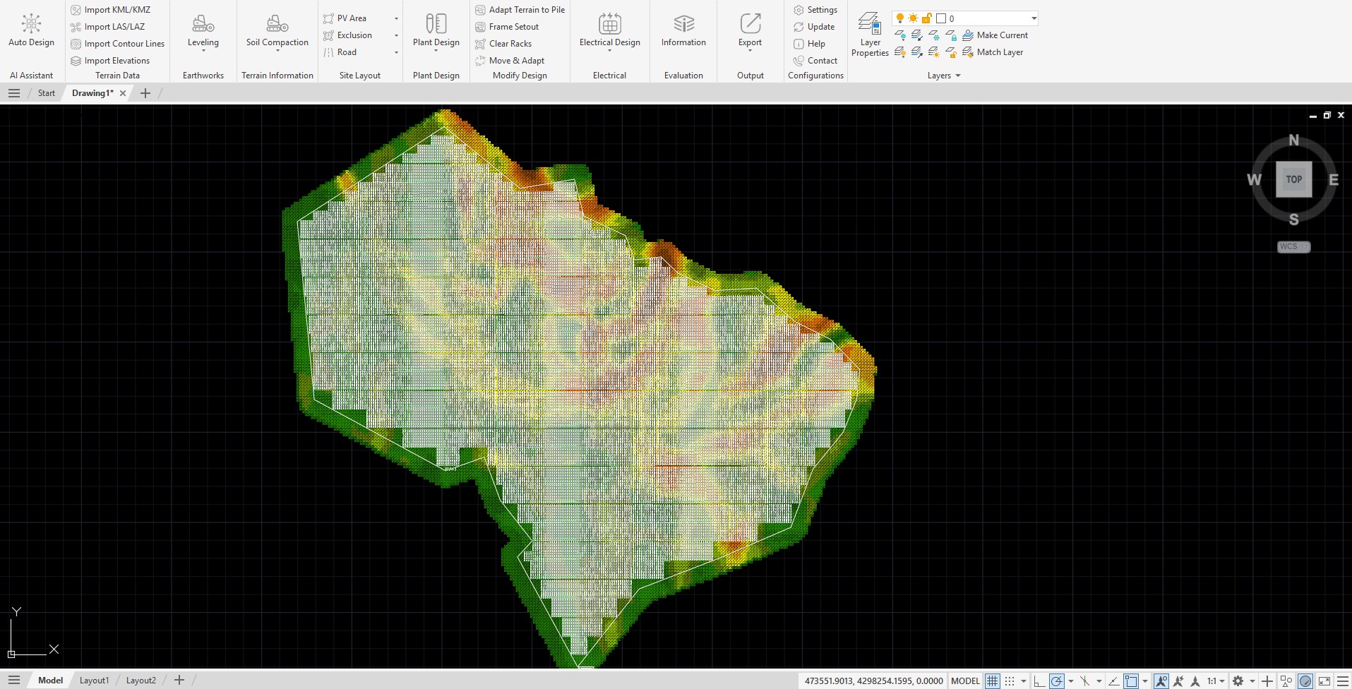 Single-axis tracker layout of the 125.2 MWp plant in PVX.Cad