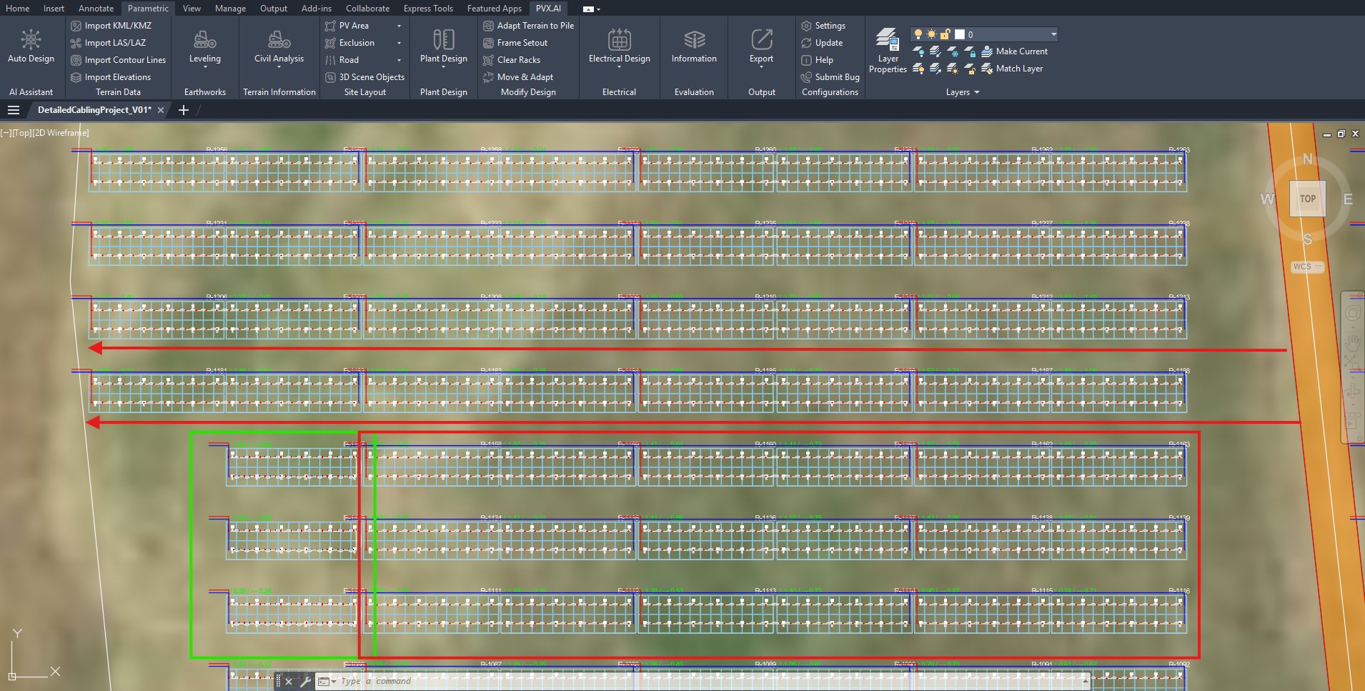Auto-stringing applied across the site in PVX.Cad, polarity arrows shown