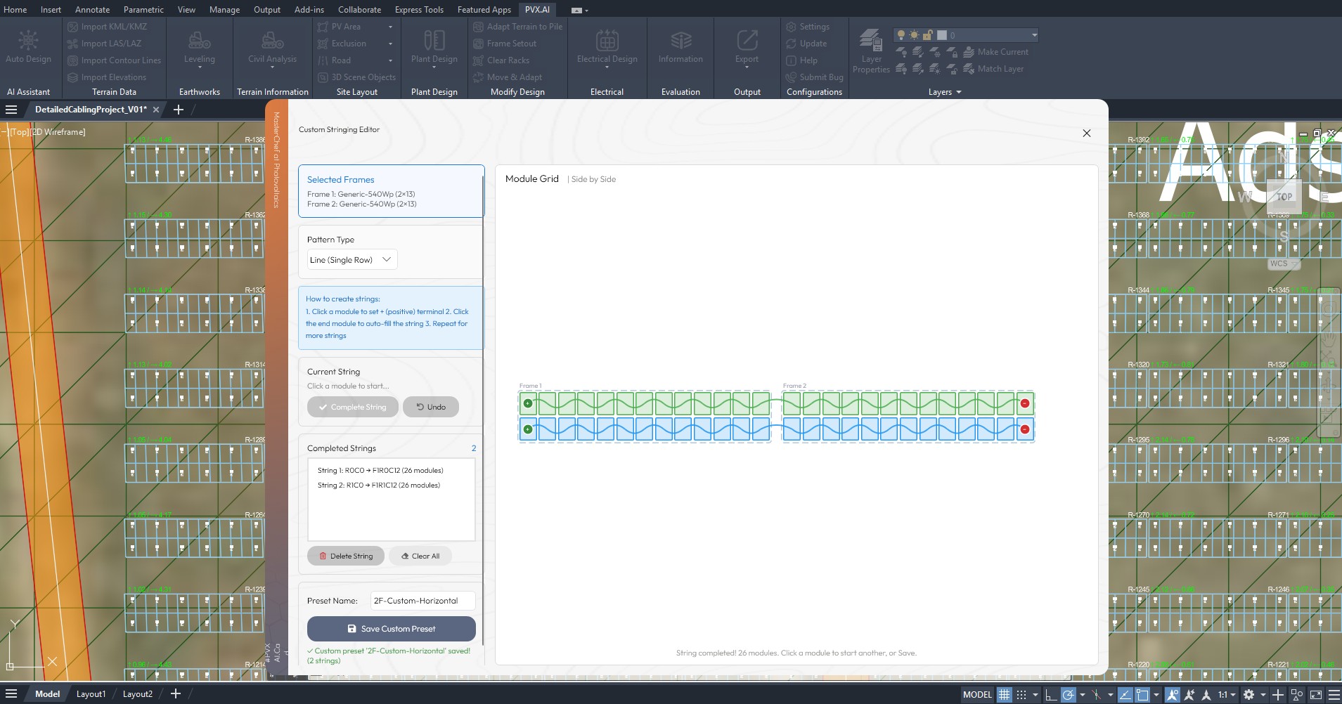 PVX.Cad Custom Stringing Editor showing two horizontal strings on a 2-frame table