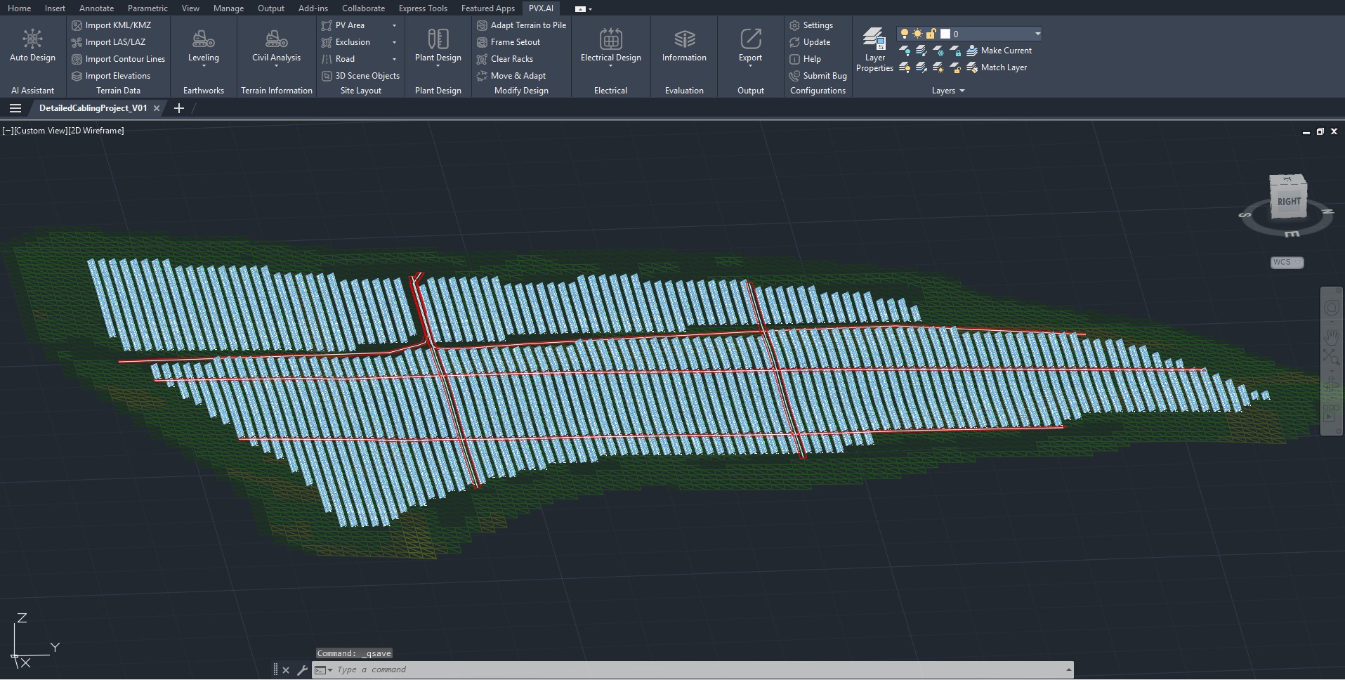 PVX.Cad 3D view of the 30 MWp array on sloped, east-facing terrain