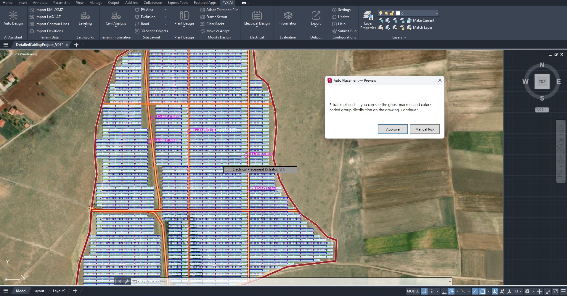 Automatic transformer placement at the load centroid of each zone in PVX.Cad
