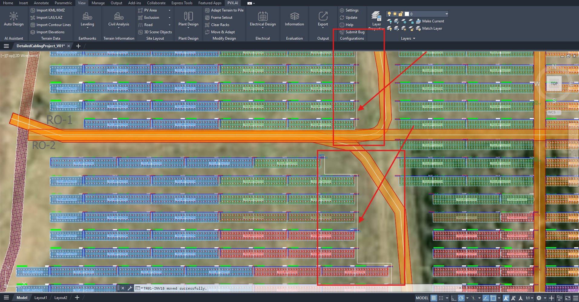 Trench backbones routed under the service roads, with DC and AC cables joined in PVX.Cad