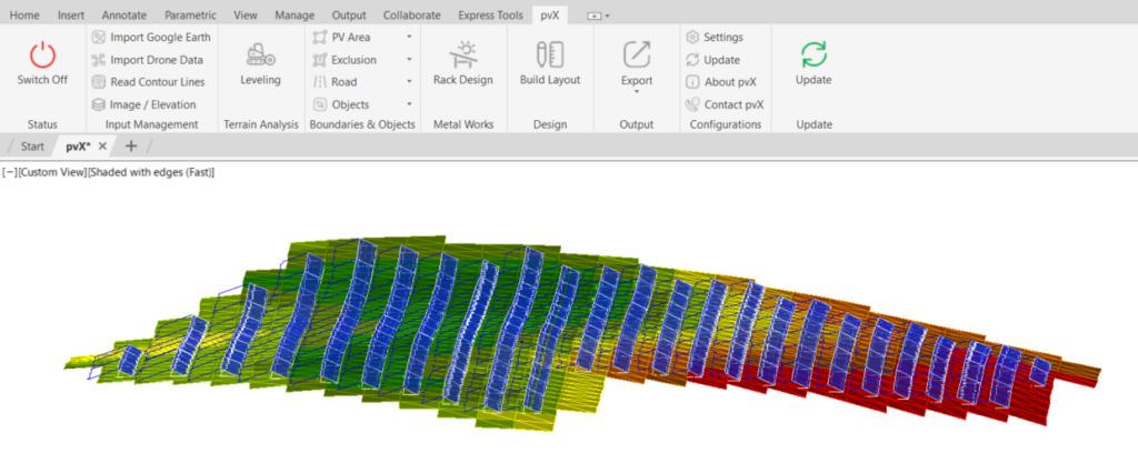 Shaded solar panel layout simulation showing gradient terrain analysis in pvX software interface