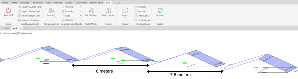 Solar panel layout design with 8 meters and 7.8 meters spacing between arrays, created in pvX software interface.