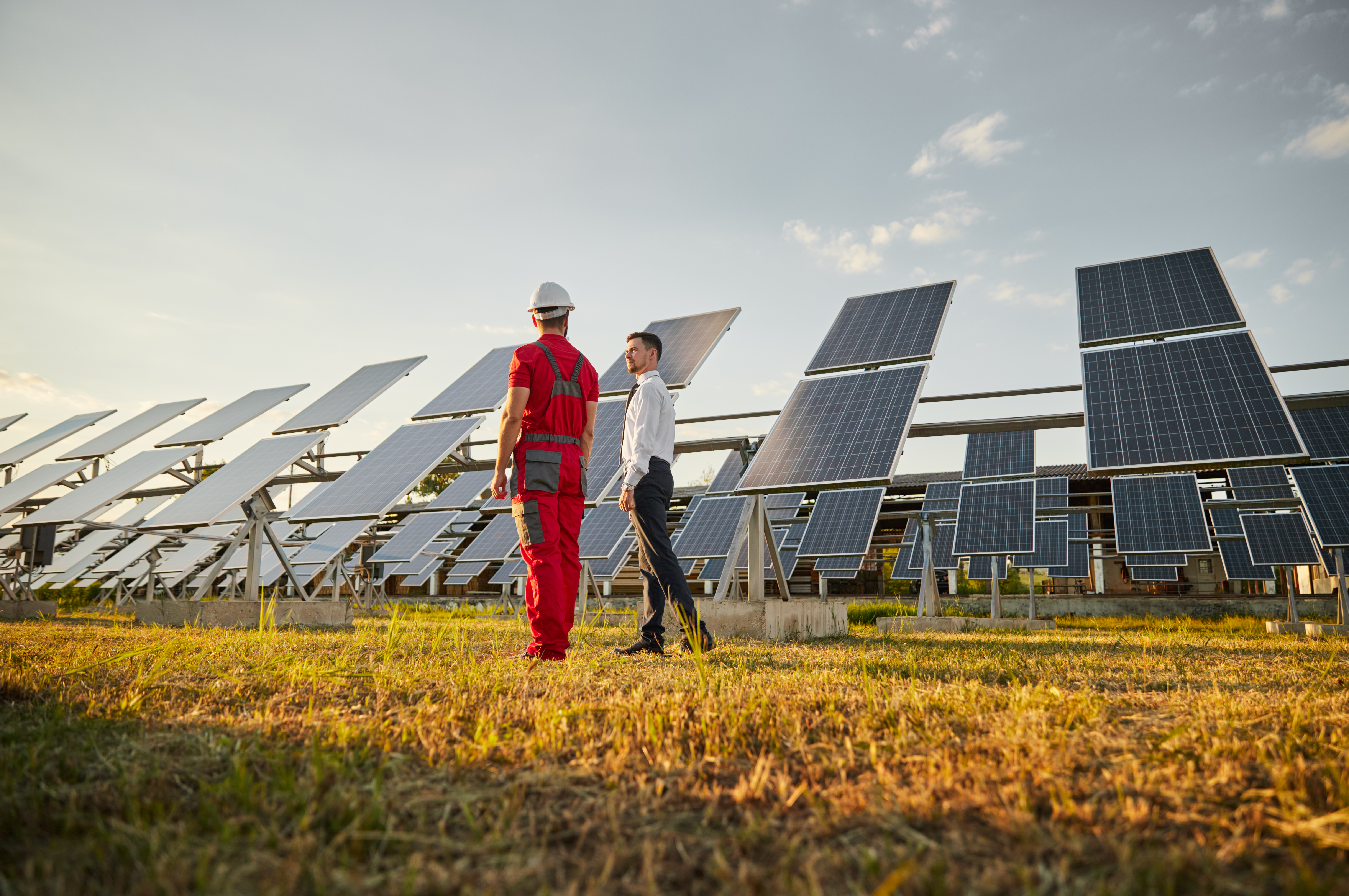 Entrepreneur talking to engineer in solar power station